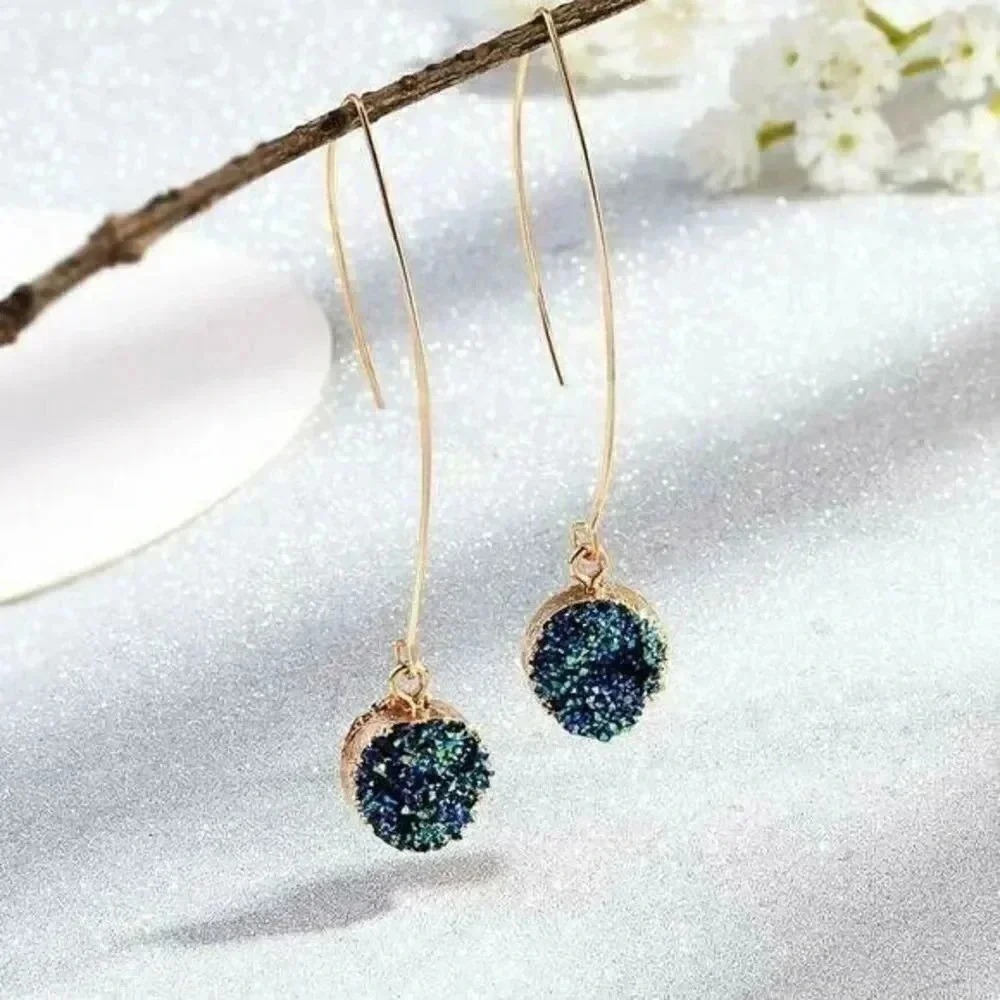 Hand Crafted Resin Druzy Charm Long Gold Marquise Earrings Oil Slick